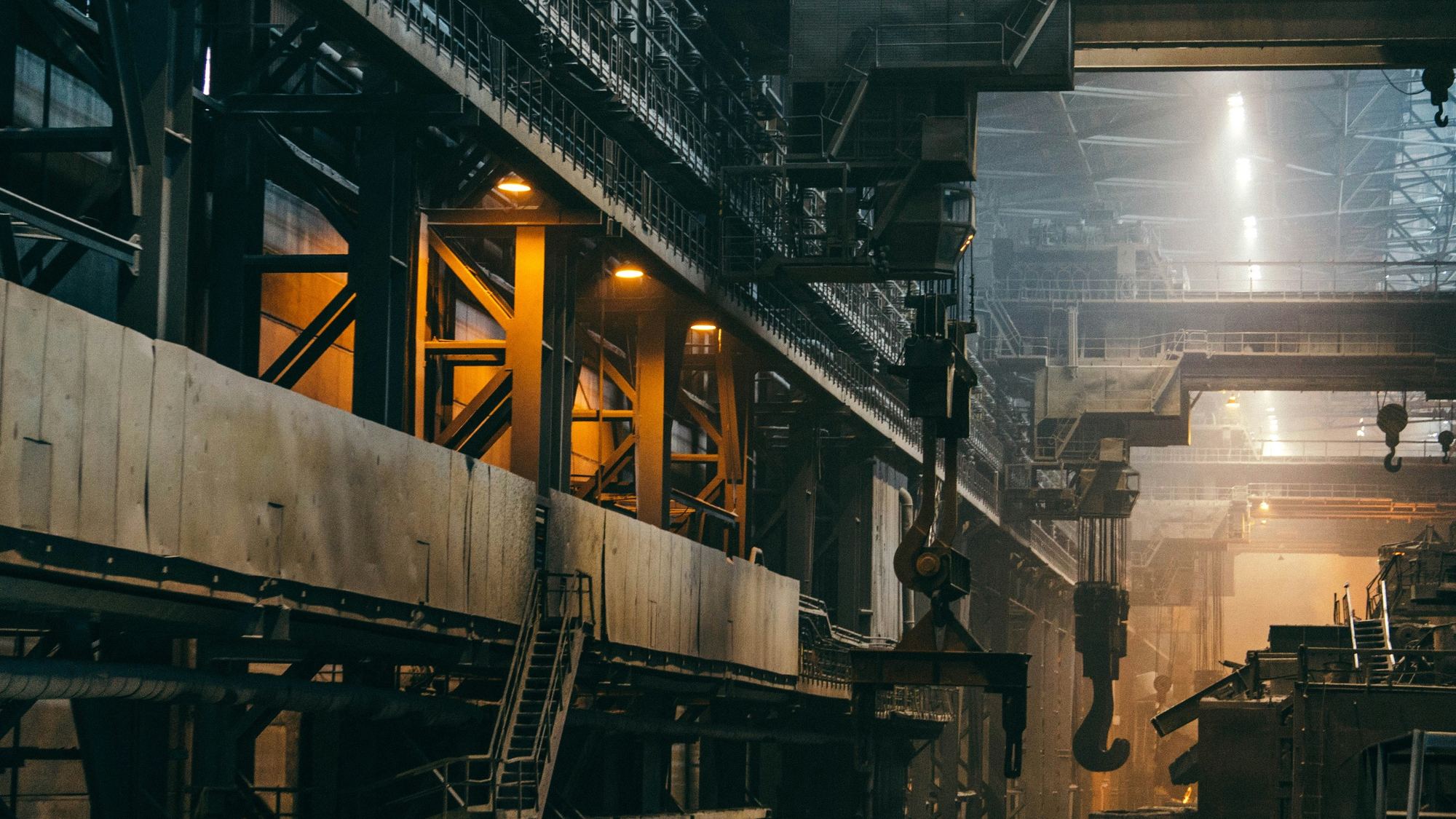 Interior of a heavy industrial plant with overhead cranes