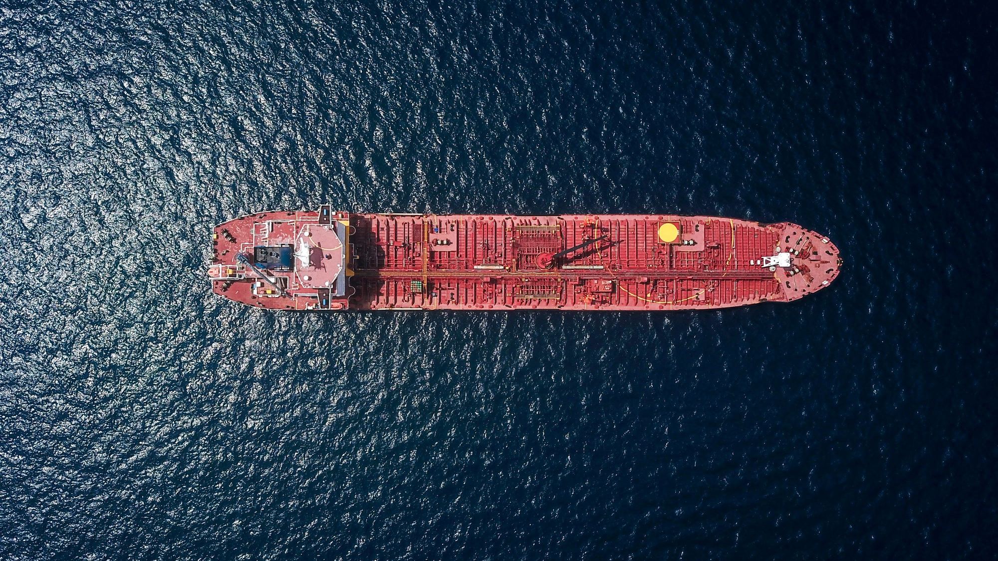 Aerial view of a tanker at sea